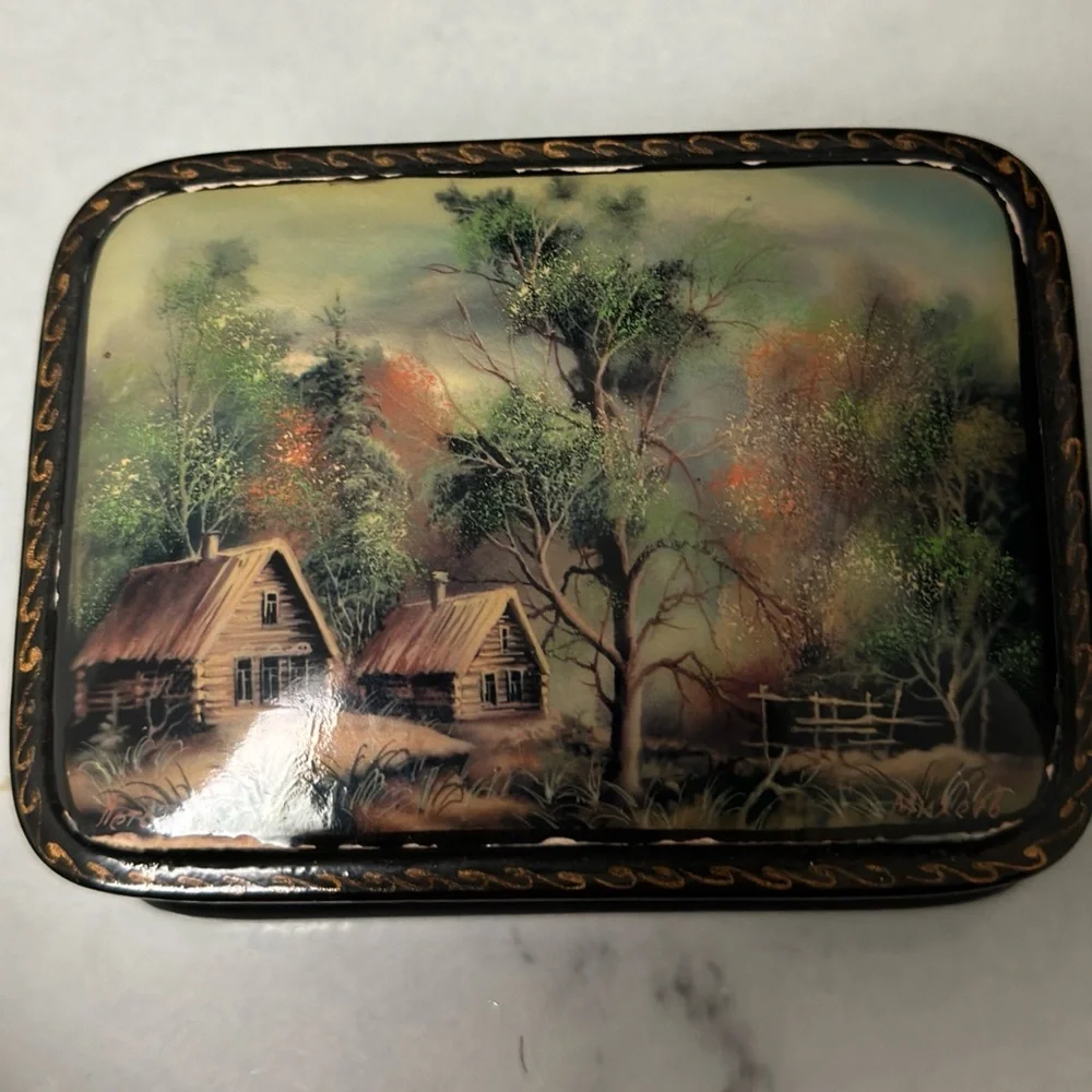 Mother Of Pearl Fedoskino Russian Lacquer Box Papier Mache Hand Painted Box